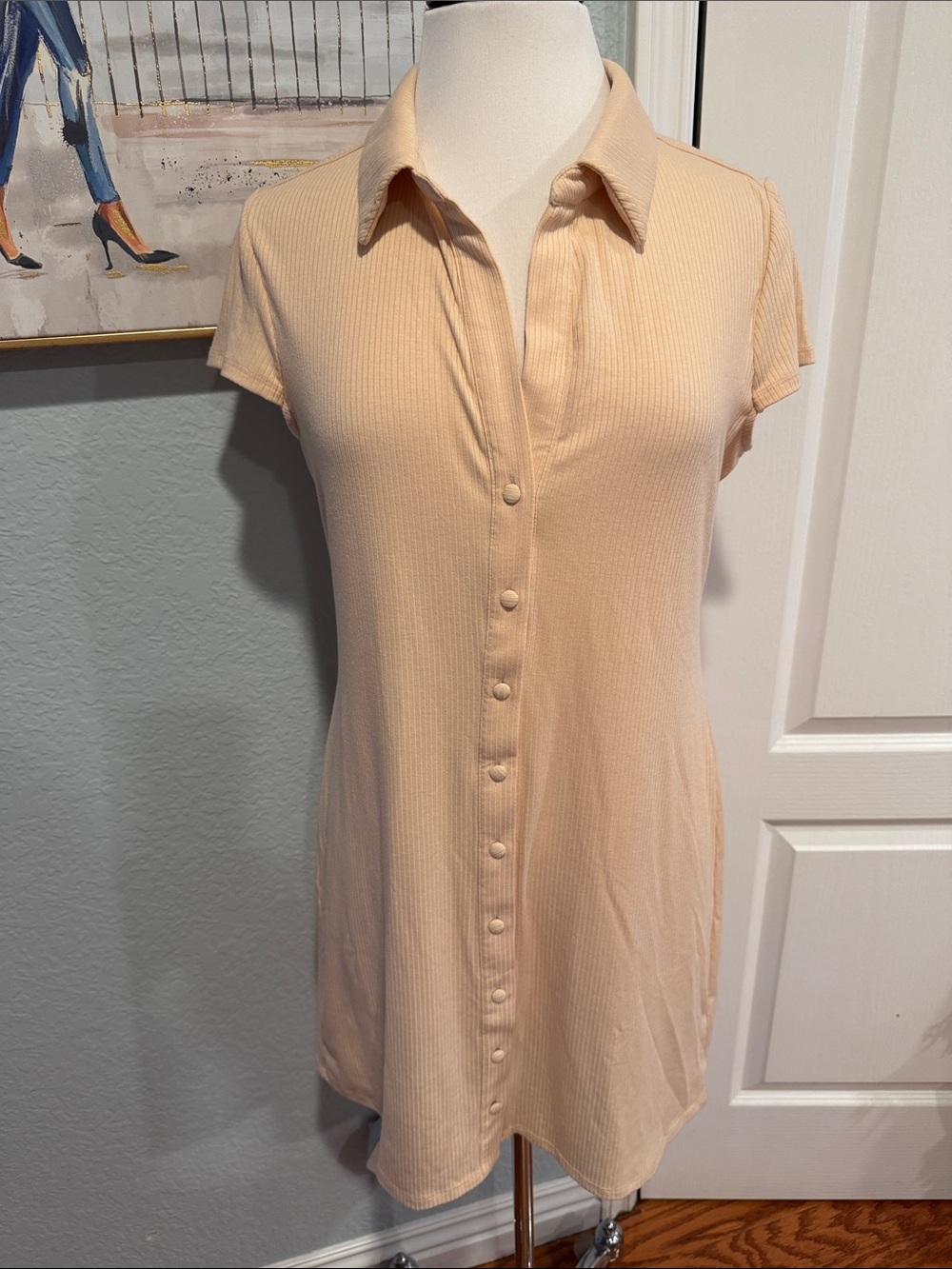 AFRM Sz Large Peach Ribbed Short-Sleeve Button-Down Mini Dress • NWT!